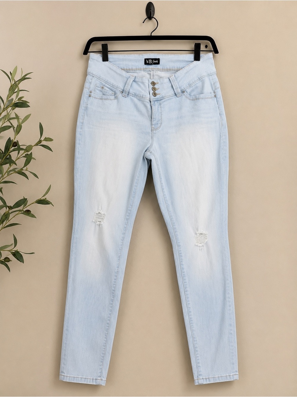 High-Rise Light Blue Skinny Jeans with Knee Distress